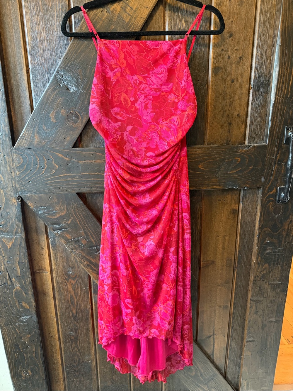 City Triangles Vintage Y2K Pink Floral Slip Dress Ruched Handkerchief Hem Midi
